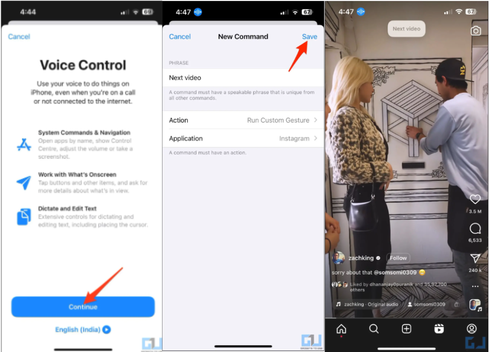 Montrant comment faire défiler automatiquement les rouleaux Instagram avec la commande vocale