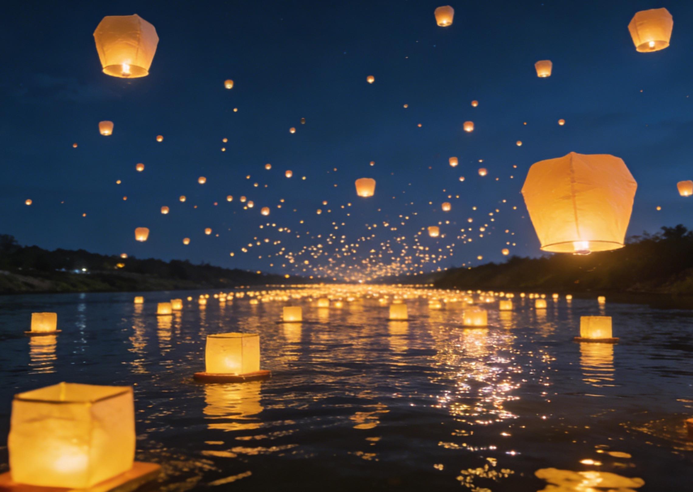 Mystical floating lantern festival above a tranquil river at night