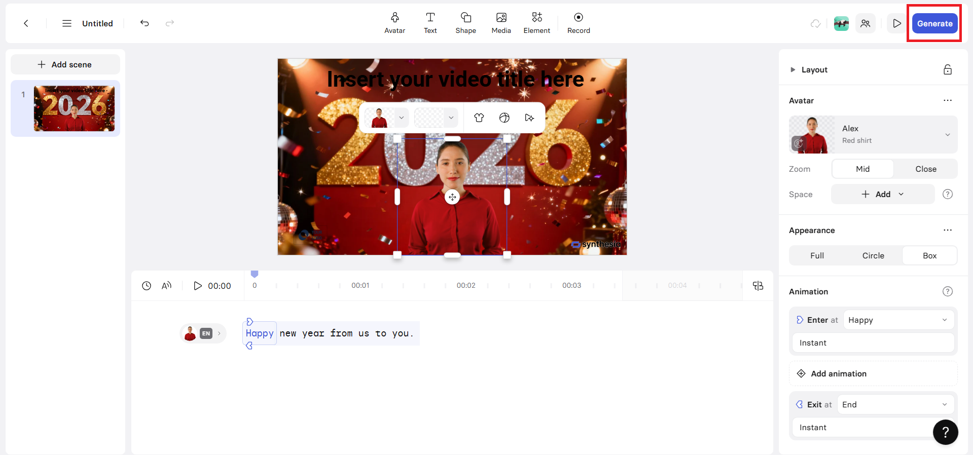 新年のアバタービデオをプレビューして生成する