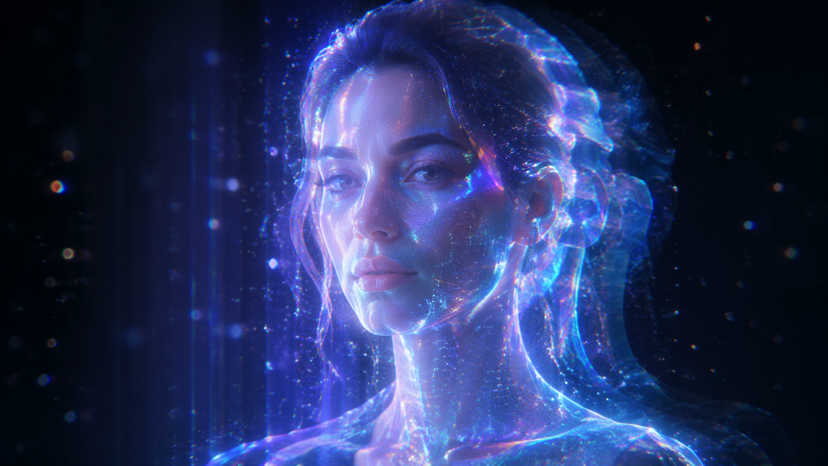 Dreamina 3D hologram filter prompt example 3: Prismatic Face Effect
