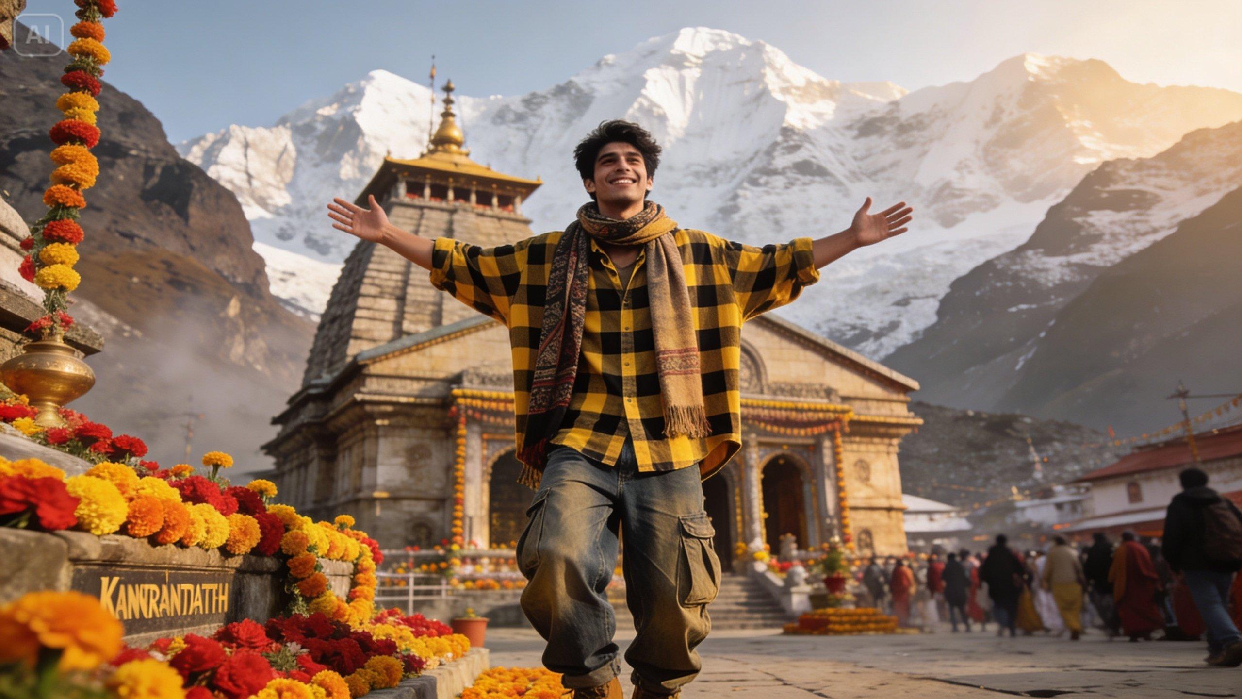 Maquette de style infographique du temple de Kedarnath : date d'ouverture, horaires du darshan et étapes de l'hélicoptère IRCTC clairement présentées.
