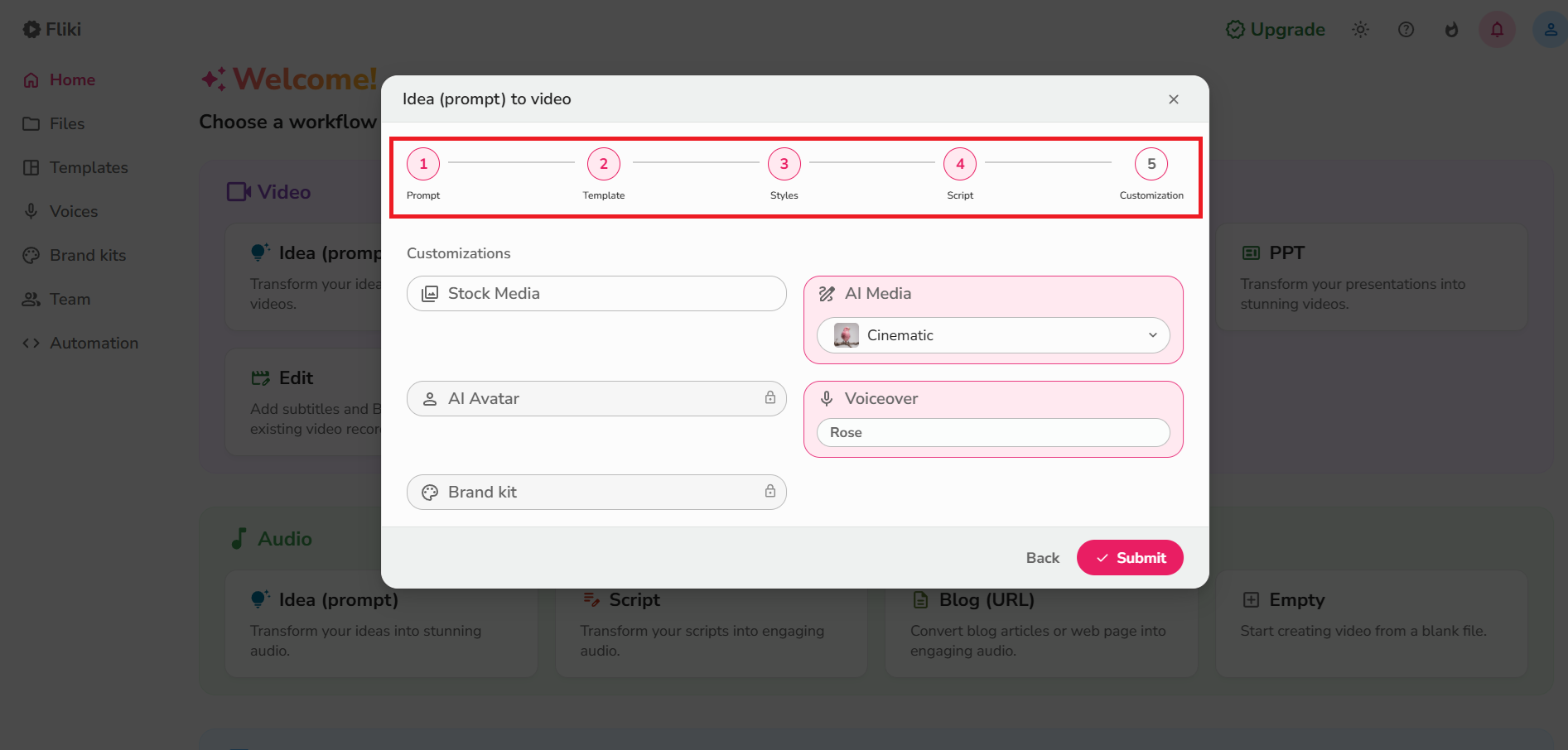 Selecione as opções personalizáveis