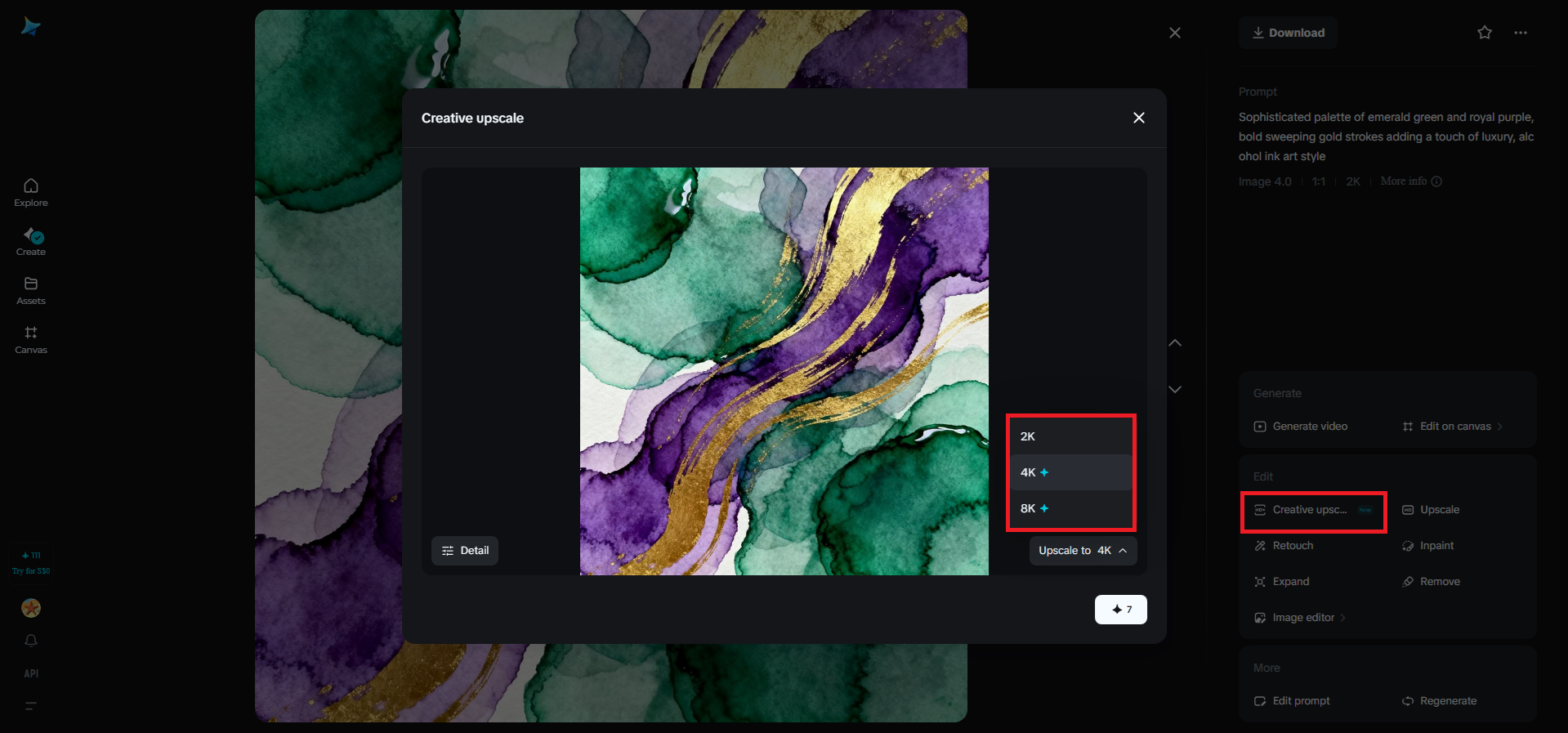 Creative upscale feature in Dreamina