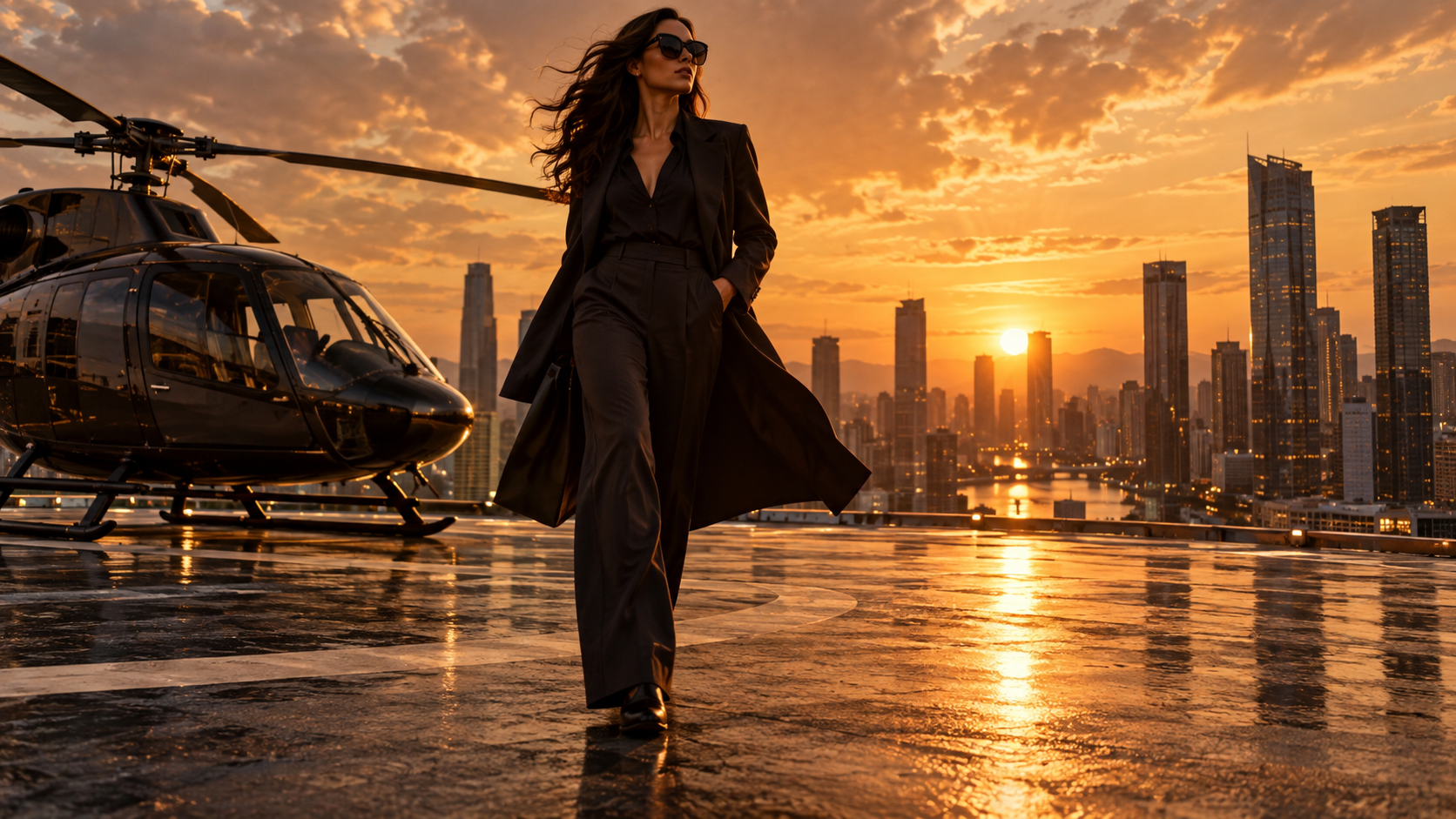 golden hour luxury action: Rooftop Helipad Power Walk