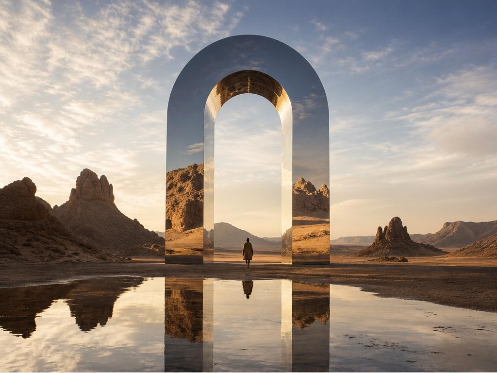 Morphic Text to Image AI Generator Alternative prompt example 3 - Mirrored arch in the desert