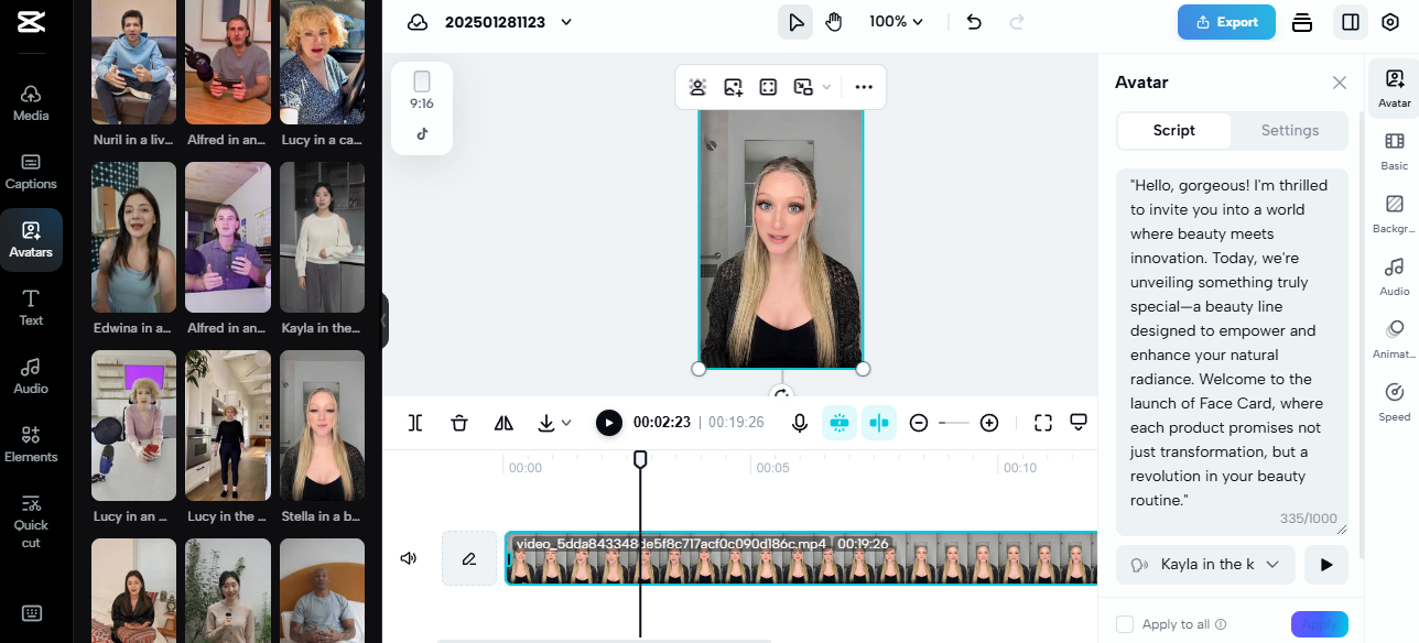 Editor video avatar AI CapCut menampilkan presenter virtual yang mempromosikan merek kecantikan, alat yang bagus untuk ide usaha sampingan.