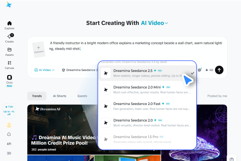 Select Seedance 2.5 and generate your lesson
