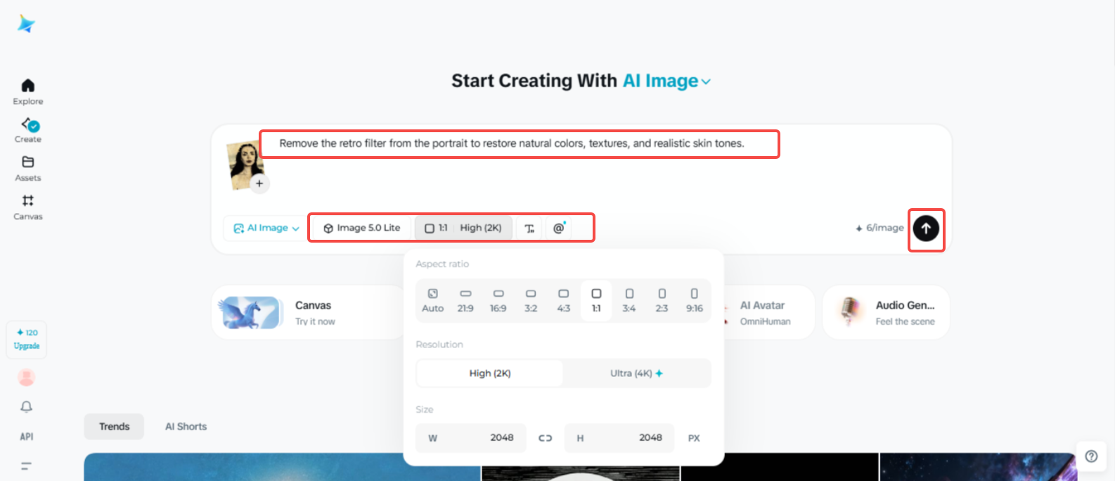 Entfernen des Fotofilters in Dreamina