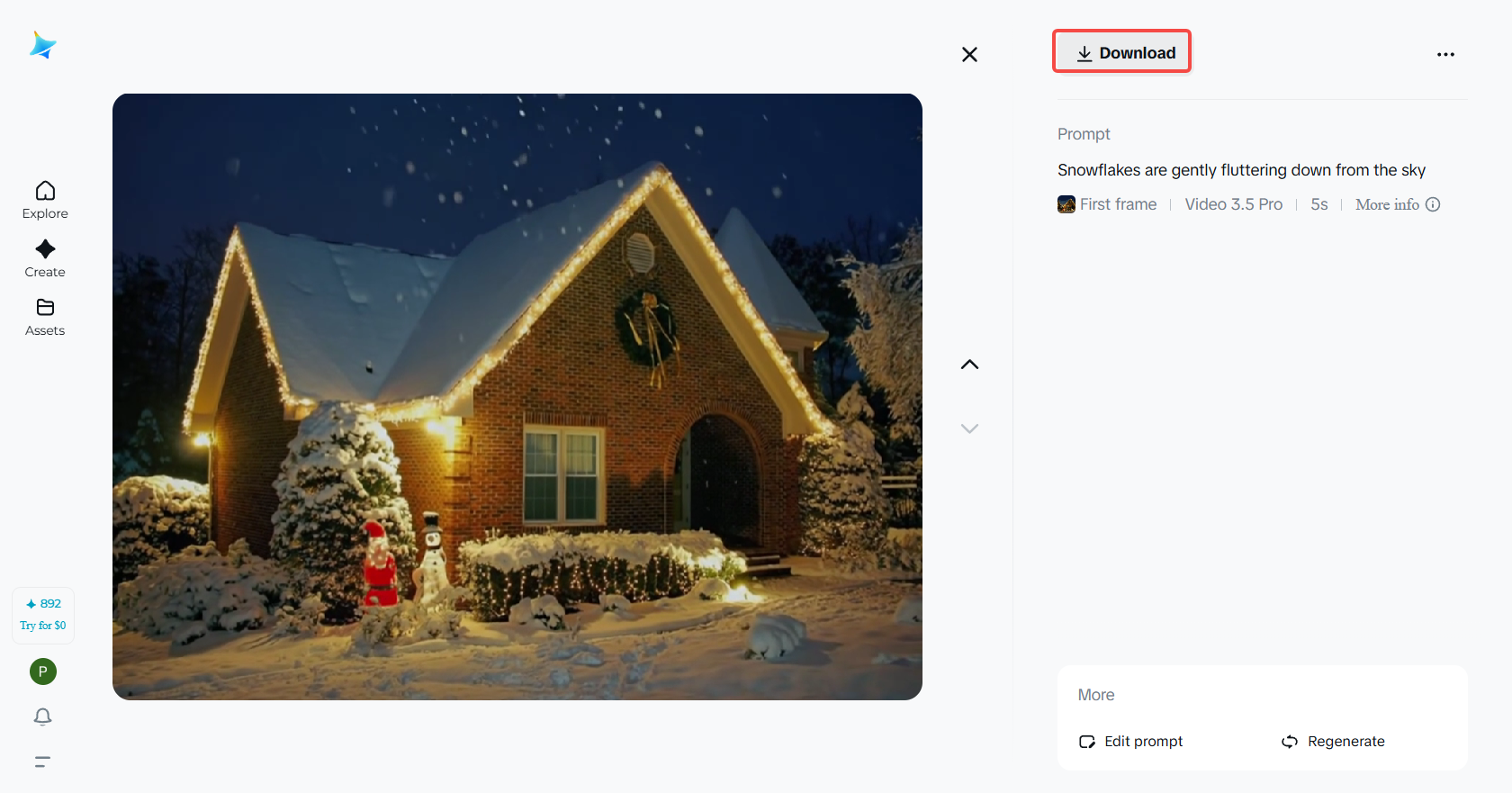 Downloading the snowfalling effect video in Dreamina