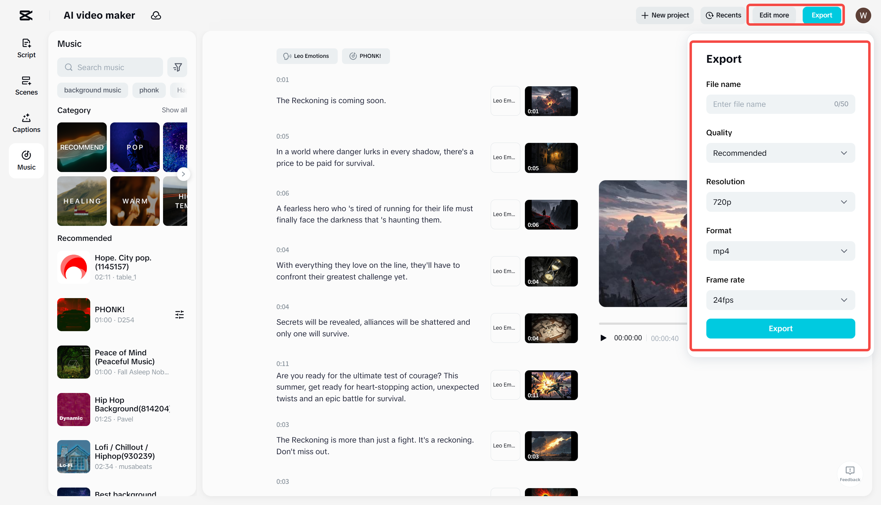 Export finálního videa od CapCut AI video maker