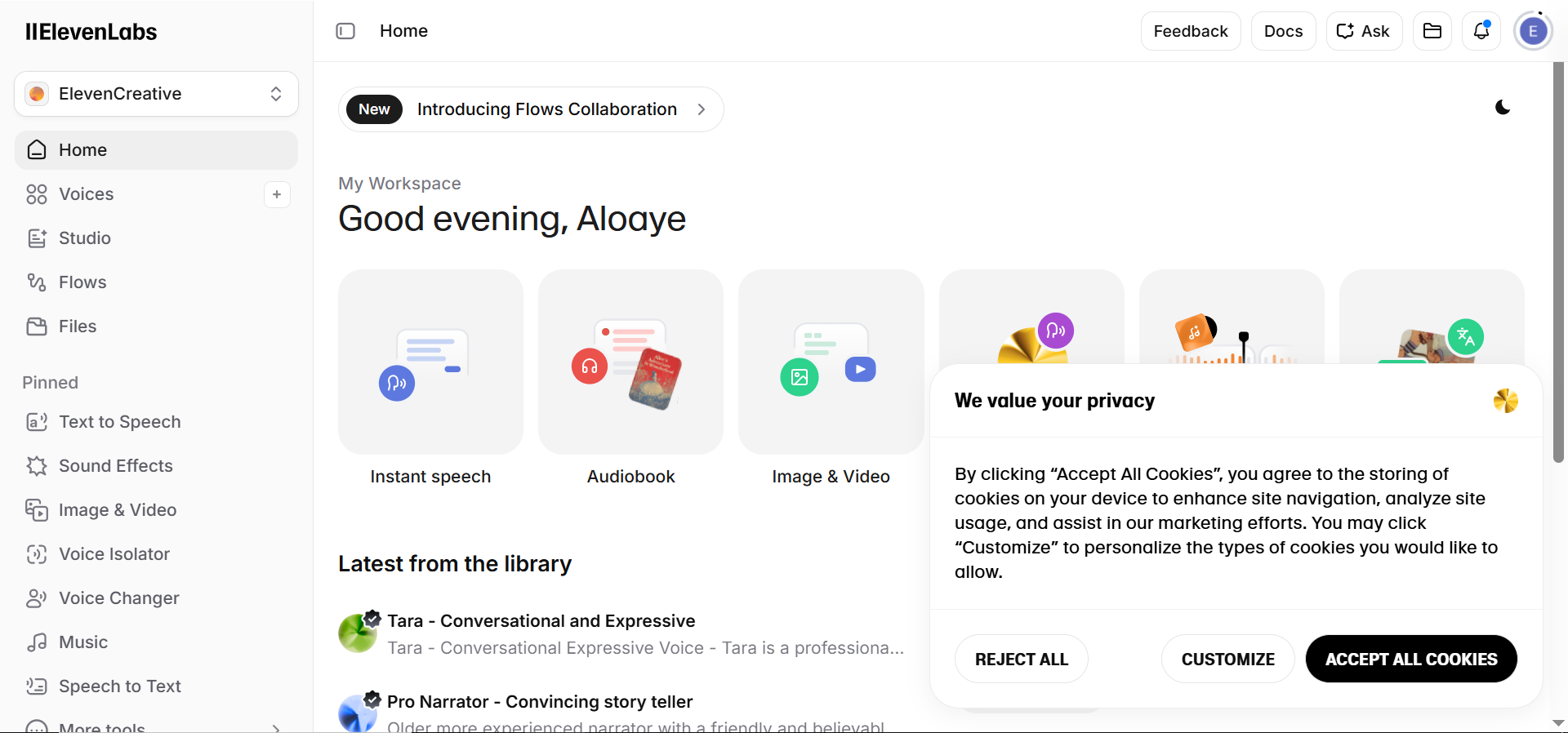 Pagina iniziale di ElevenLabs