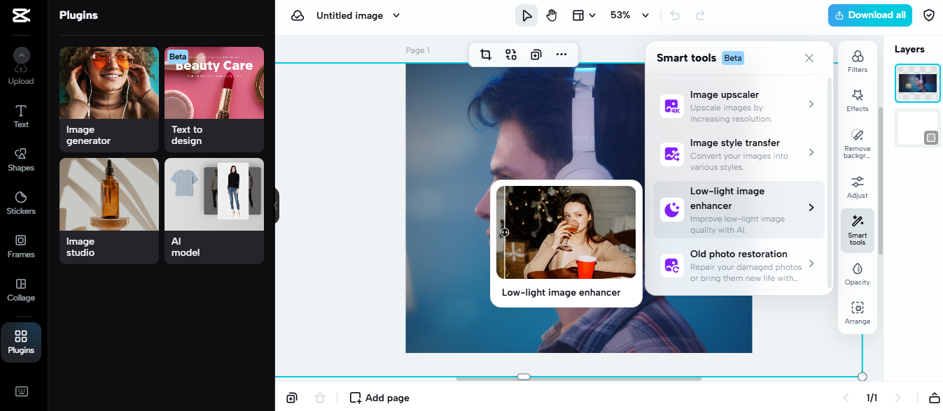 Alat AI untuk eCommerce meningkatkan imej dengan automasi pintar, termasuk ciri peningkatan skala dan peningkatan cahaya rendah.