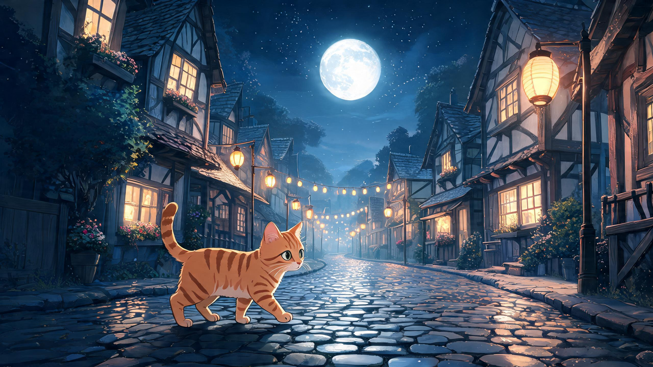 Compagnon chat explorant une ville au clair de lune
