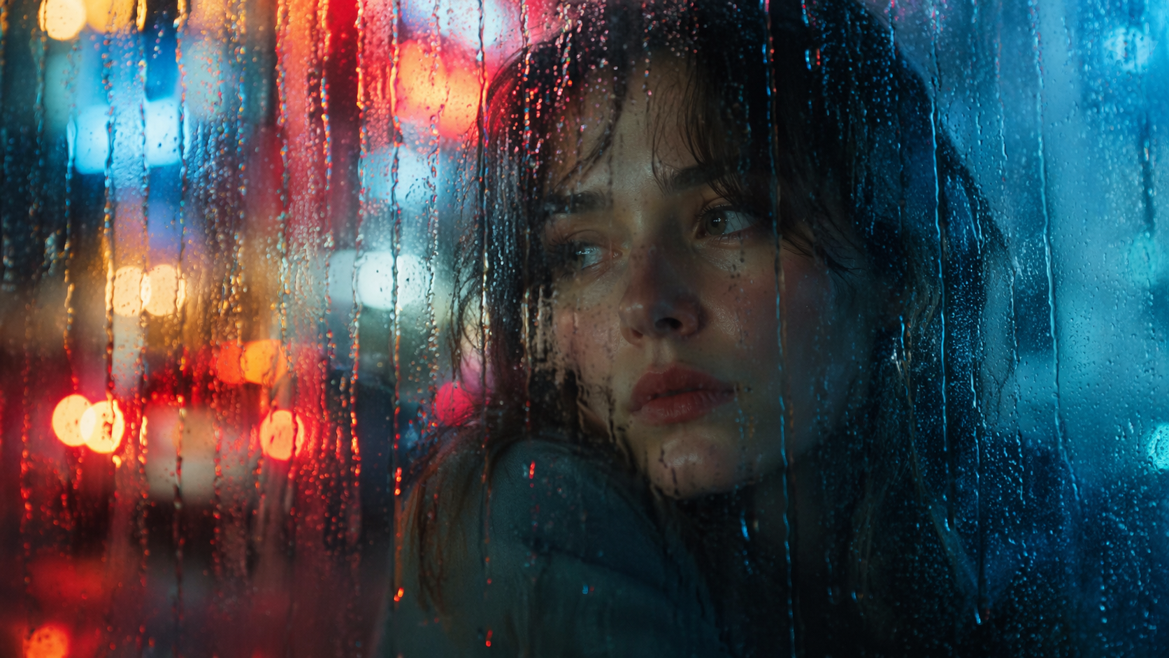 Dreamina prompt seen rain prompt example 1: Neon Rain Street Portrait