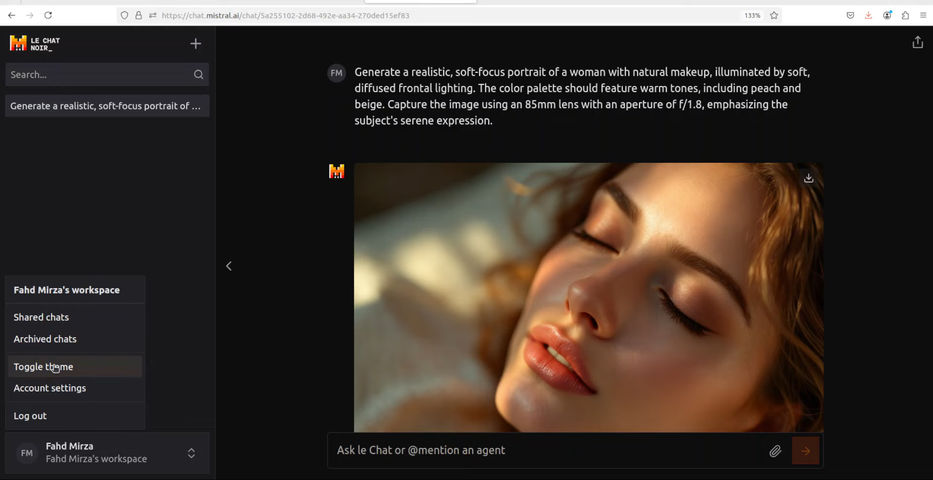 อินเทอร์เฟซของ Le Chat - เครื่องมือสร้างภาพ AI Flux ที่เข้าถึงได้สูง
