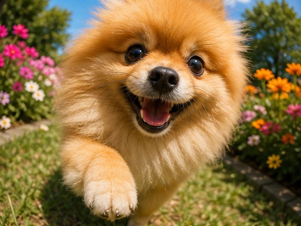 Fisheye Pet Photo AI Prompts prompt example 3 - Pomeranian garden lens