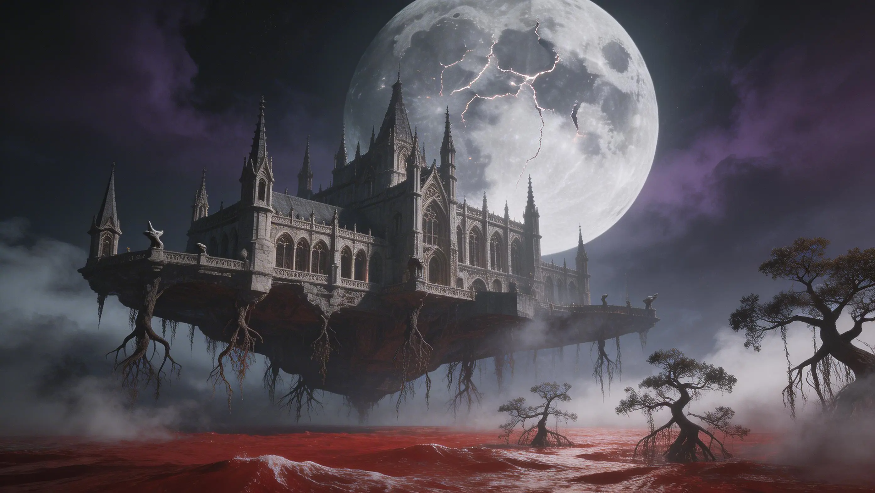Floating gothic castle crimson ocean
