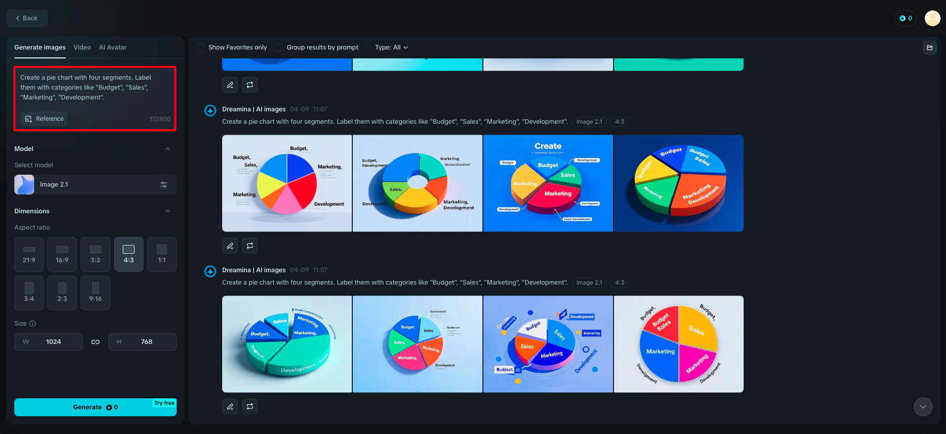 Dreamina's pie chart generator online prompt