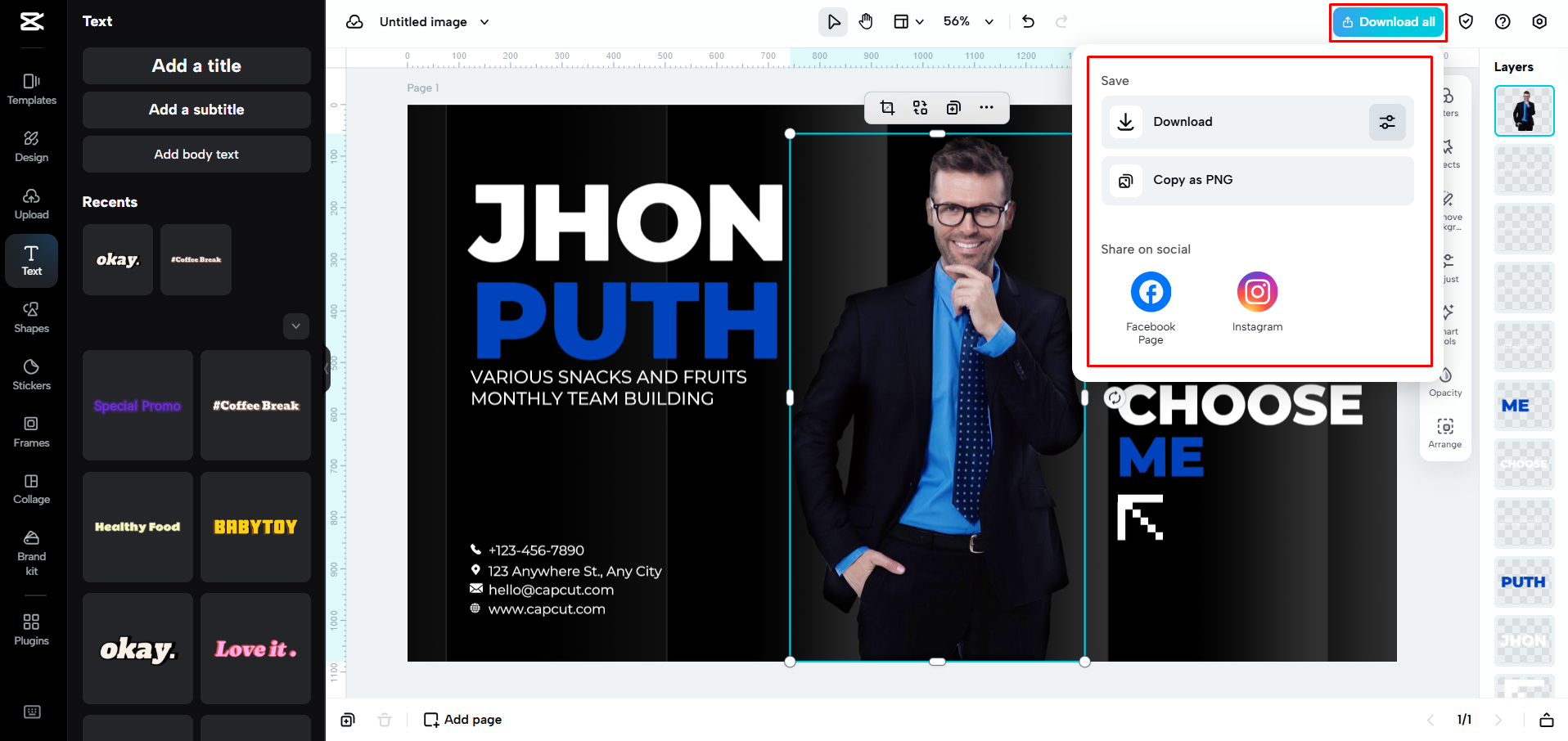 Esportazione di un modello di biglietto da visita da CapCut Web