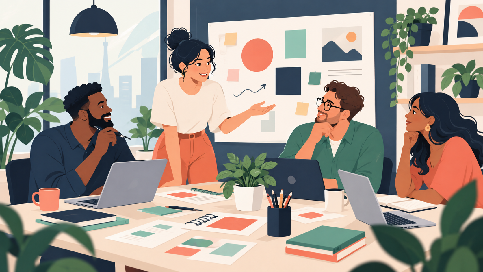 AI flat illustration prompts: Remote Team Planning