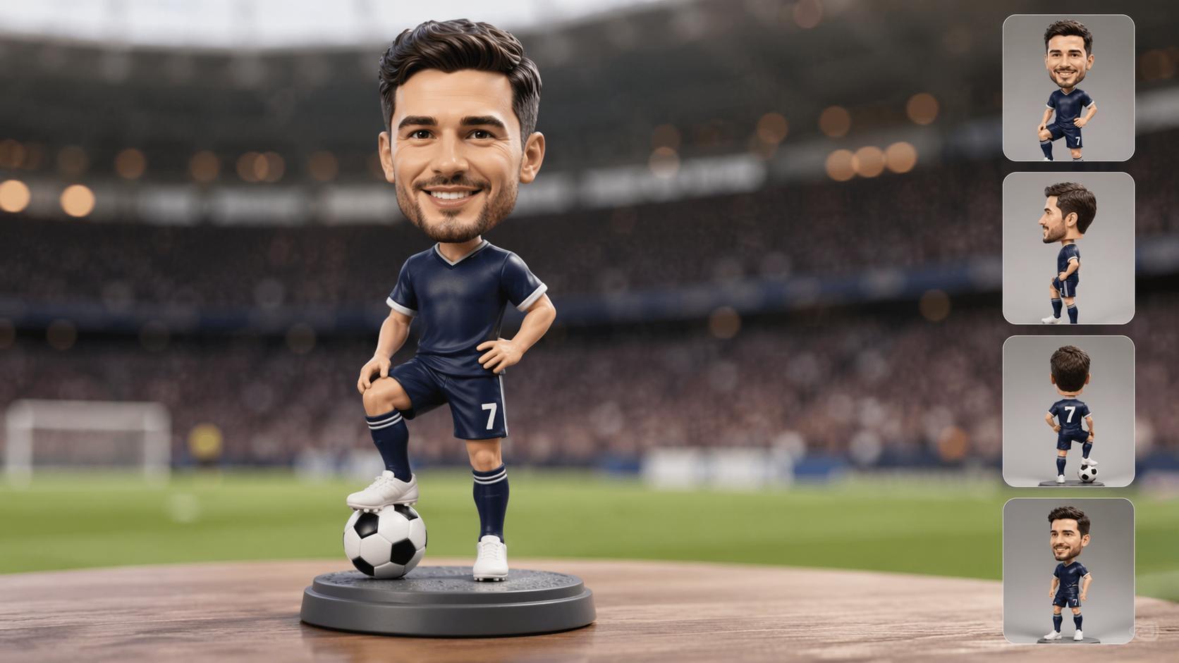 AI sports bobblehead figurine hero visual with soccer kit and stadium background