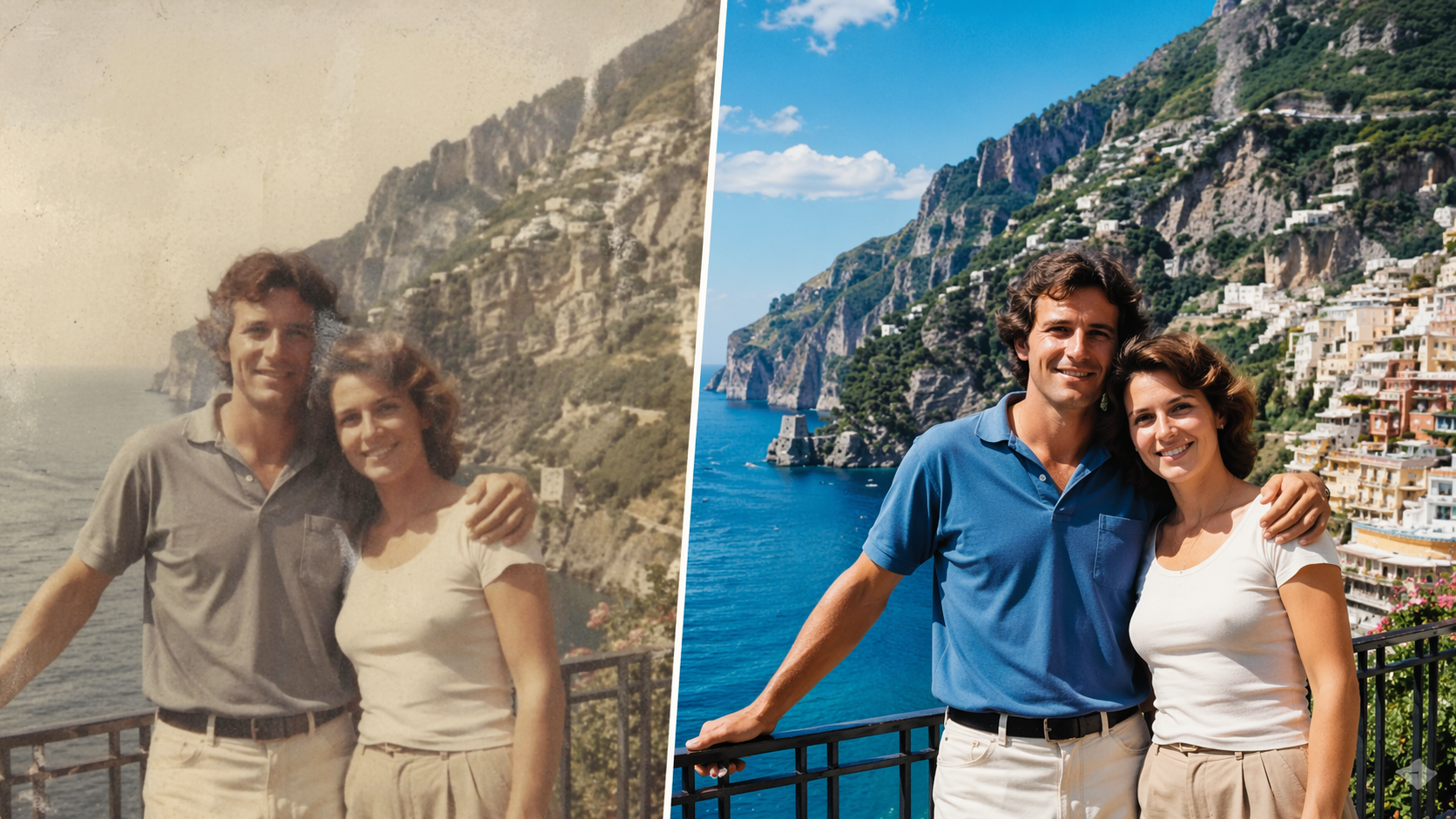 Dreamina old photo to new photo AI prompt prompt example 3: Old Travel Memory Upgrade