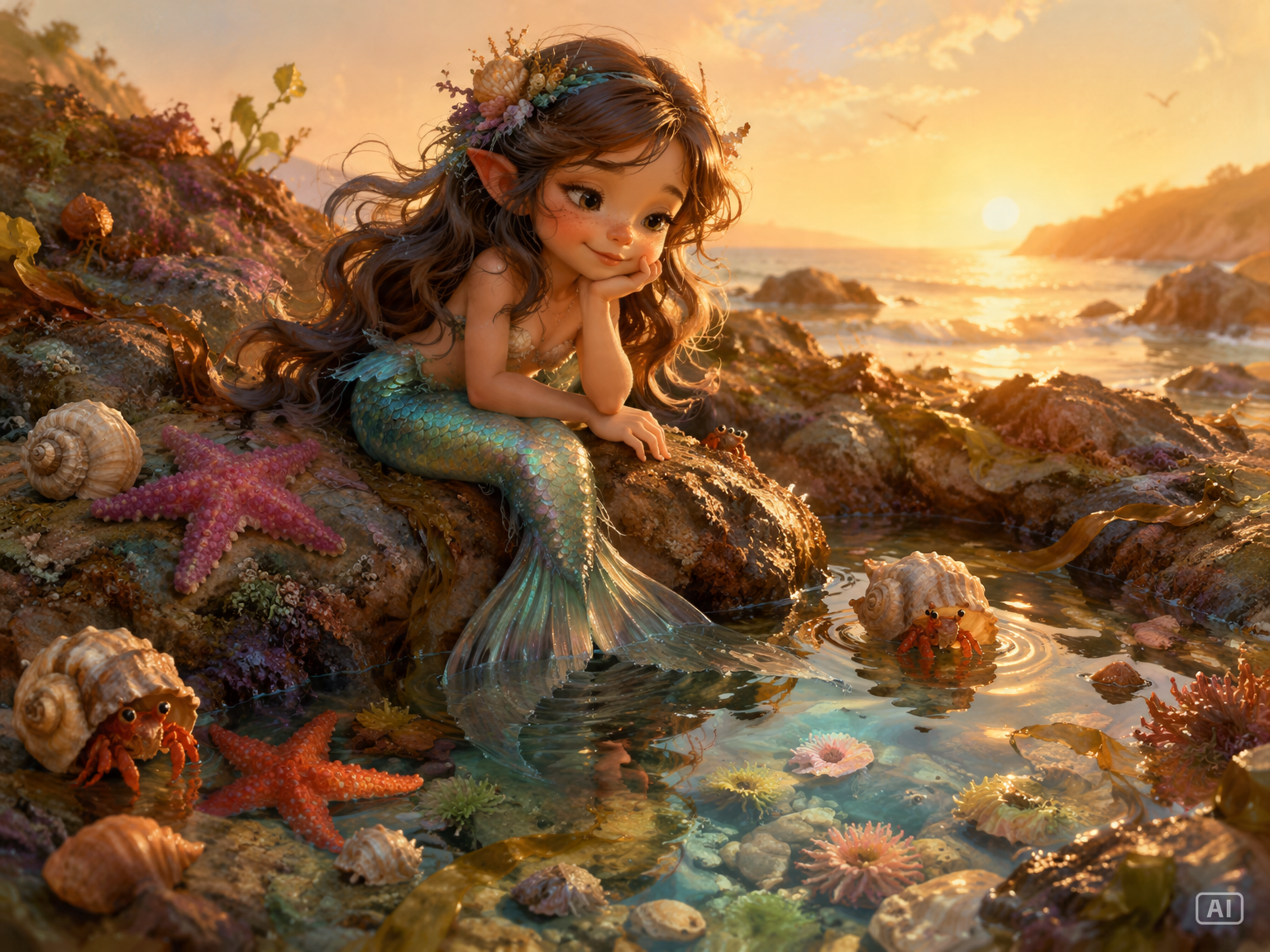 Tide pool mermaid art prompt generated by Pippit