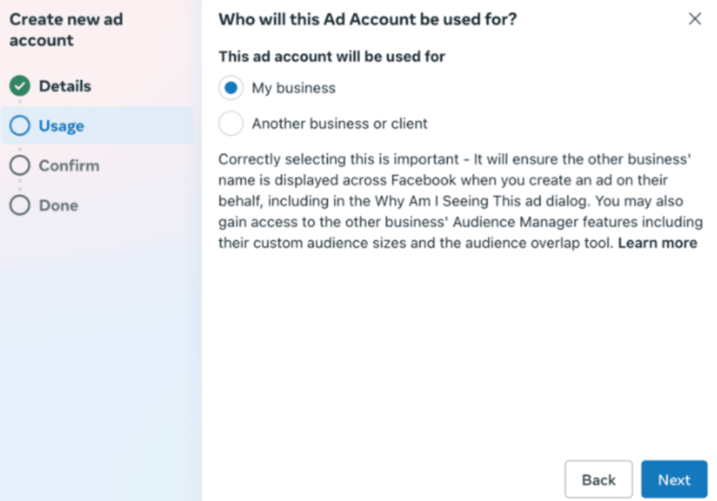 Chỉ định việc sử dụng tài khoản Facebook Ad Manager