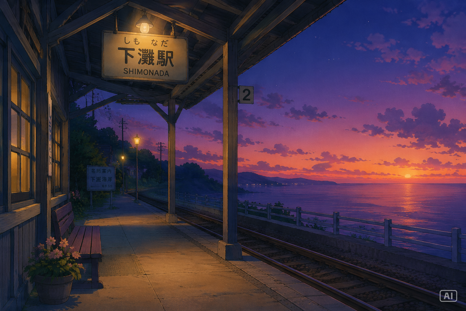 Widescreen watercolor pastoral anime coastal train station generated by Pippit