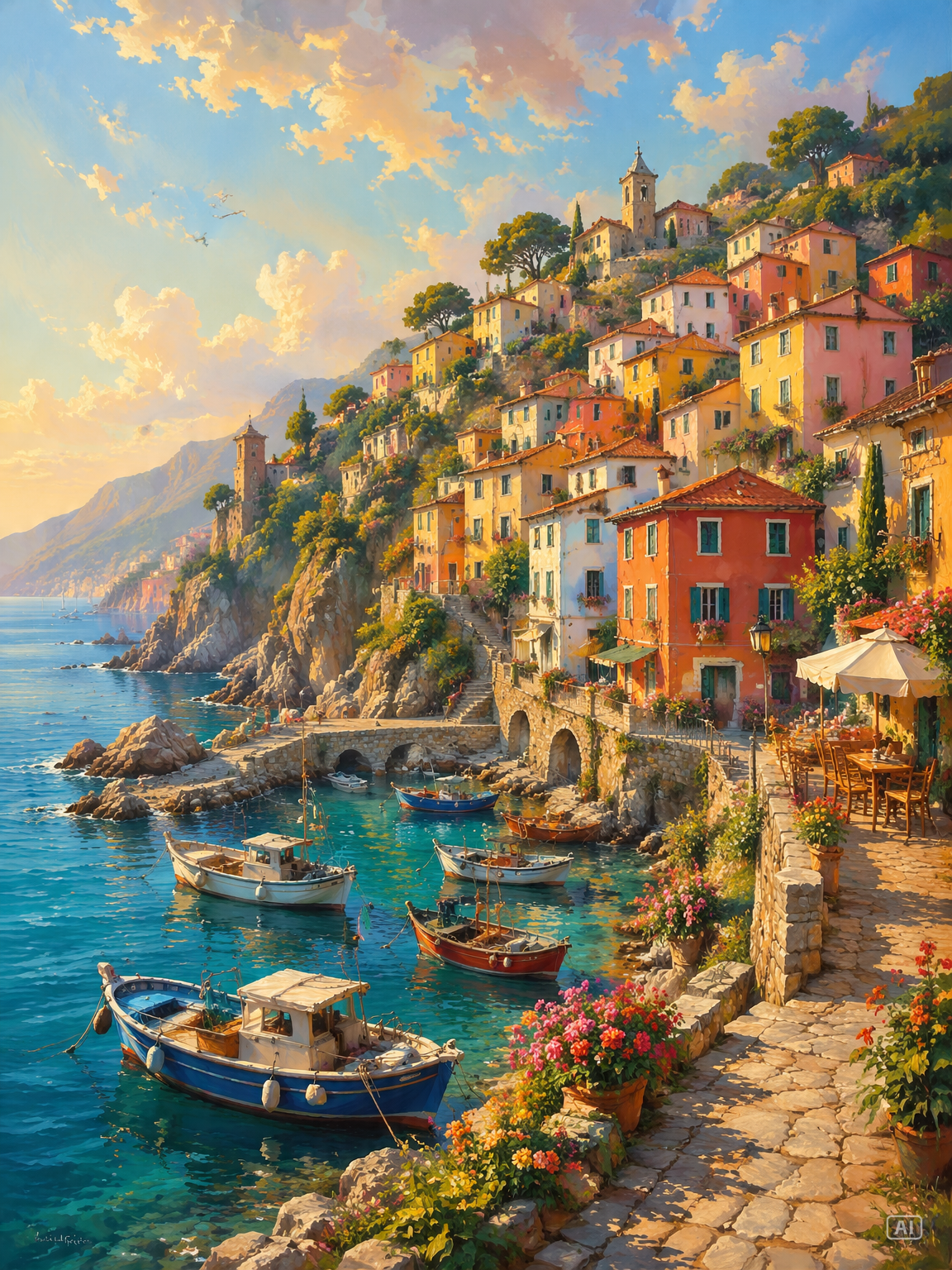 Seaside cliffside town anime landscape prompt generated by Pippit