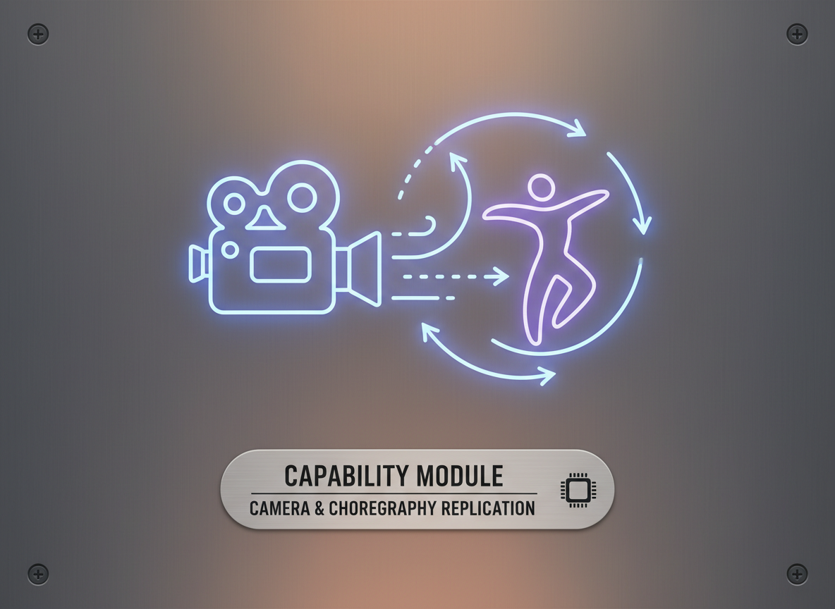Capability icon panel: camera outline with motion arrows and path lines to indicate choreography replication.