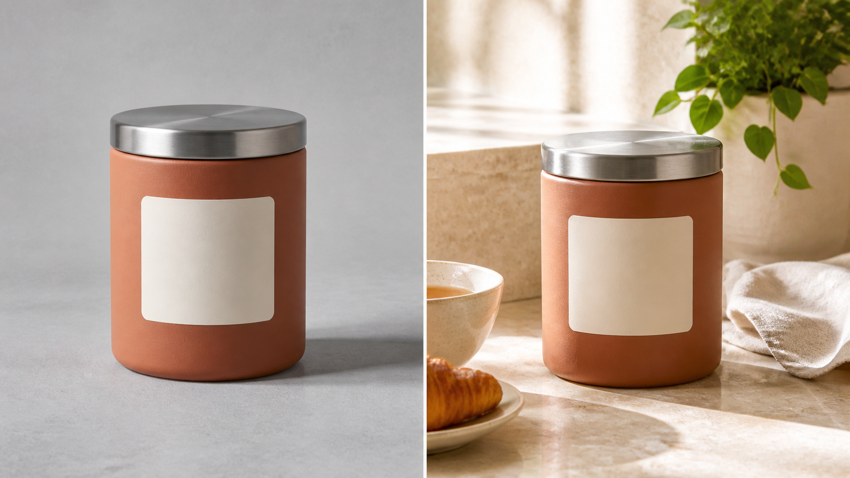Side-by-side product jar on plain gray background and in a cozy breakfast scene