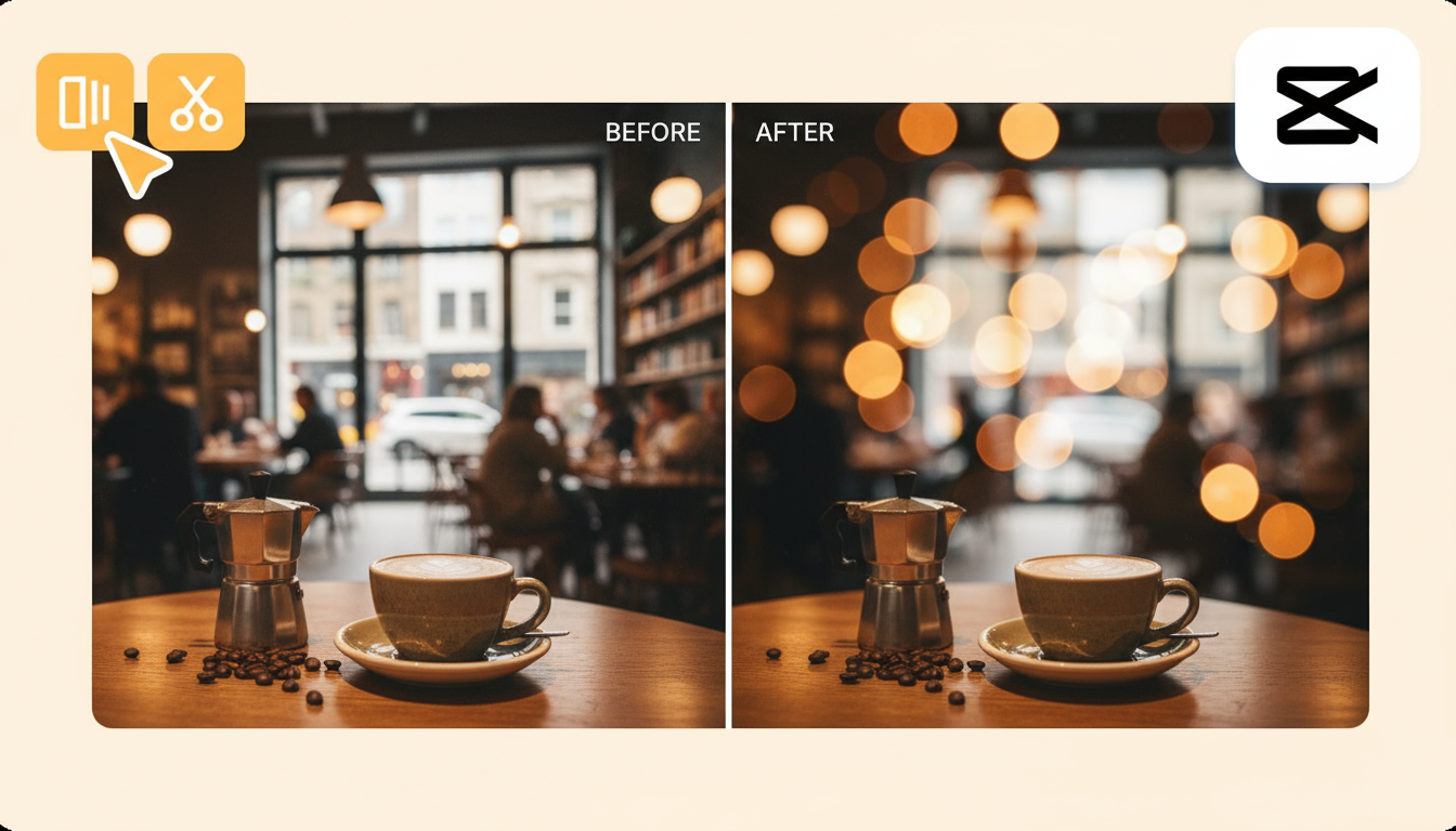 Image de héros indépendante de la marque avec un écran partagé clair avant et après de l'effet bokeh sur un sujet non humain. Côté gauche étiqueté "Avant" : une scène de produit de table (tasse à café sur une table de café) avec des détails d'arrière-plan occupés et nets. Côté droit étiqueté "Après" : lumières bokeh rondes fortes et faible profondeur de champ ; arrière-plan fortement flou tandis que le produit reste net. Espace négatif propre à droite pour la copie ; classement cinématographique, grain subtil ; 16 : 9 (1920x1080) ; pas de personnes, pas de logos, pas de superpositions d'interface utilisateur.