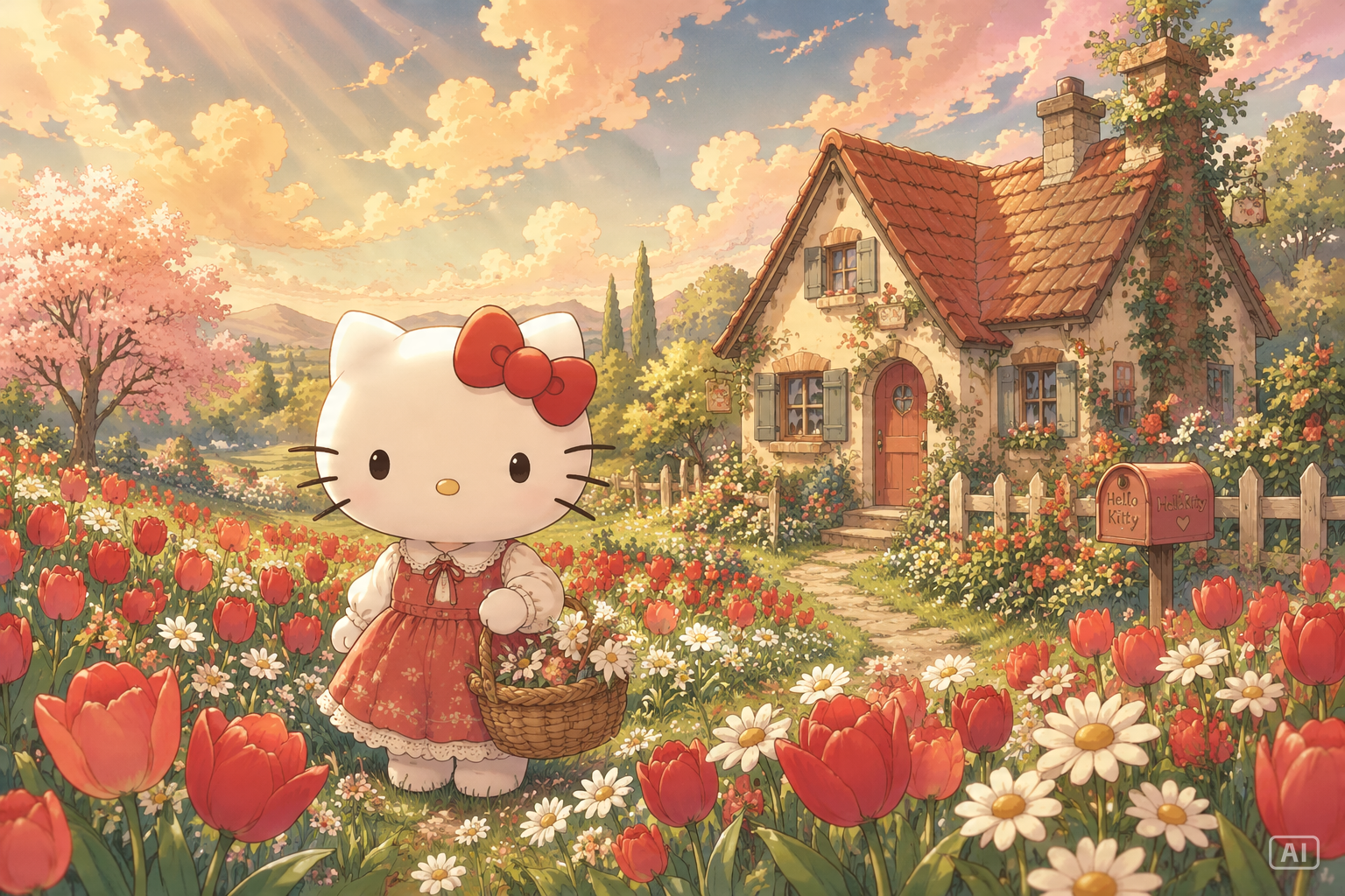 Hello Kitty cottagecore garden wallpaper generated by Pippit