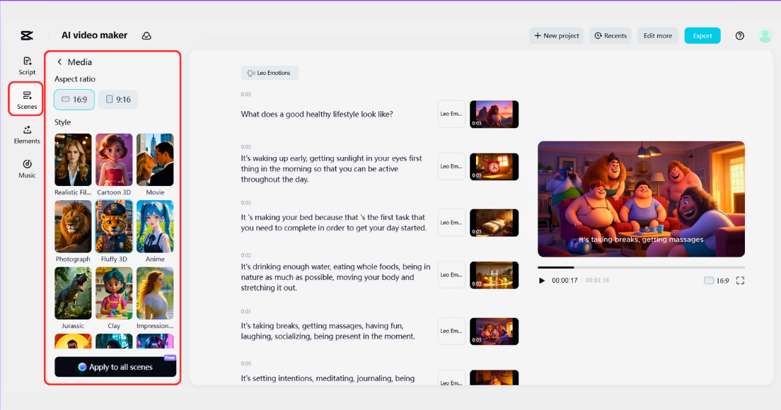 Genera contenido multimedia de IA para todas las escenas.