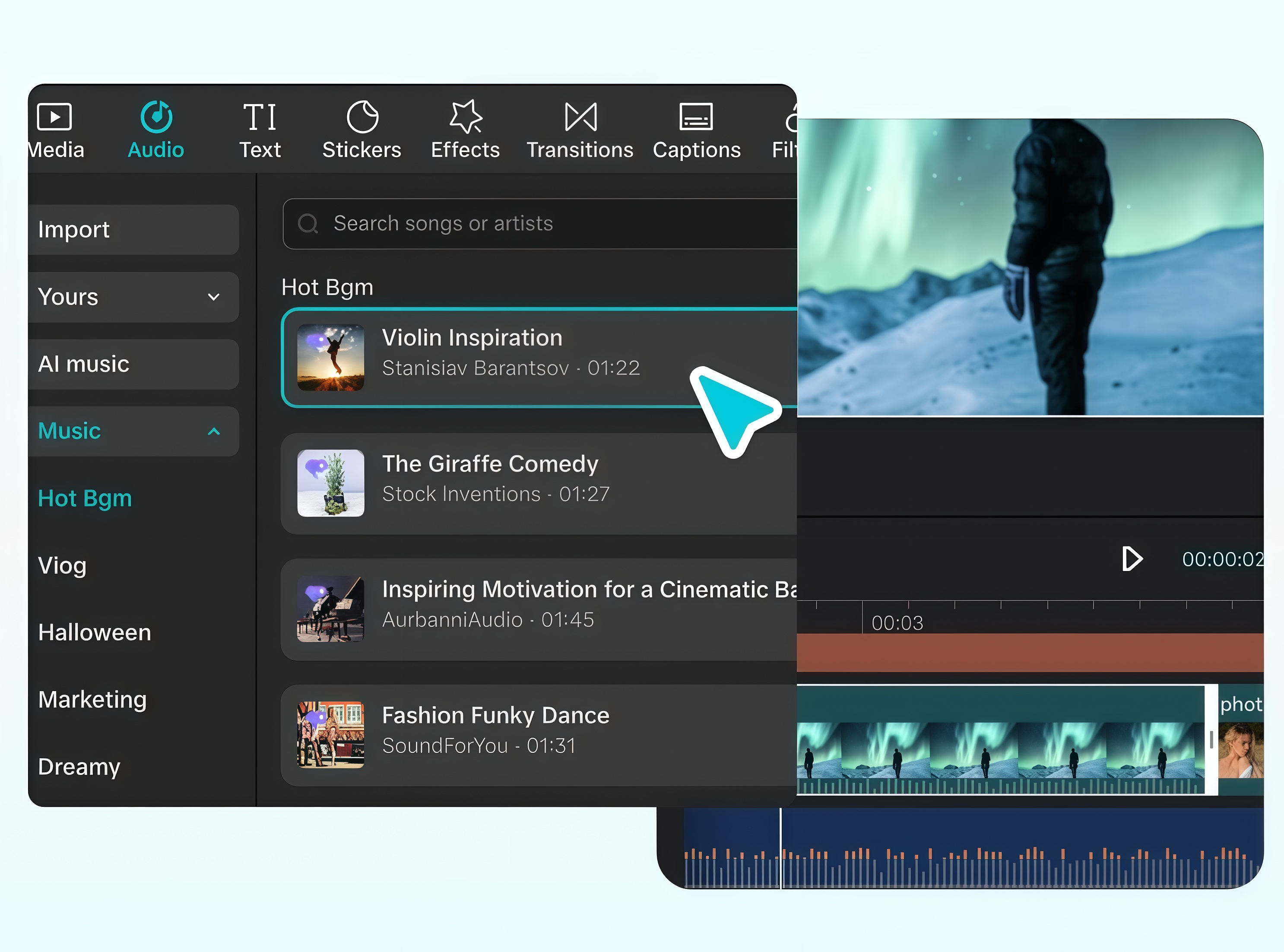 Select graphics and music in CapCut promo video maker