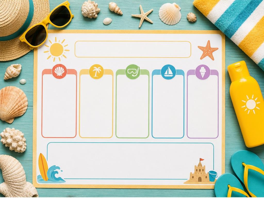 Plantilla de Itinerario de Viaje, ejemplo de aviso 5 - Planificador familiar de vacaciones en la playa