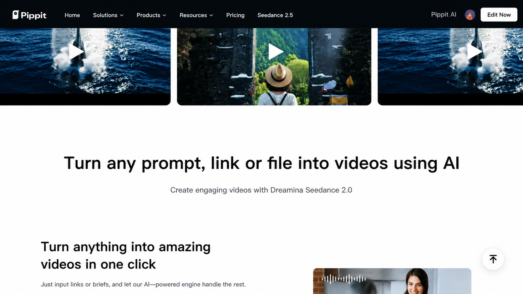 Webpage showing AI video generation tools with large text, video thumbnails, and an Edit Now button