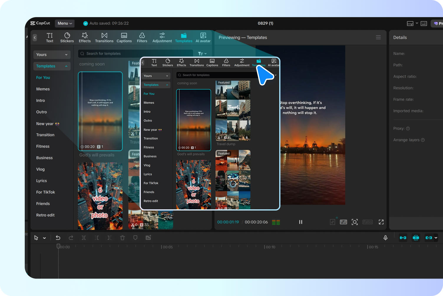 การเลือกเทมเพลตในโปรแกรมแก้ไขวิดีโอฟรีของCapCut