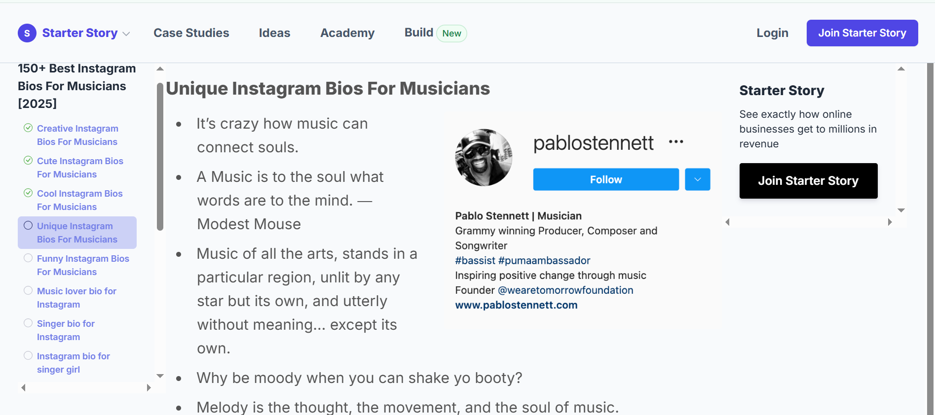 Kisah Permulaan dengan bio pemuzik untuk Instagram