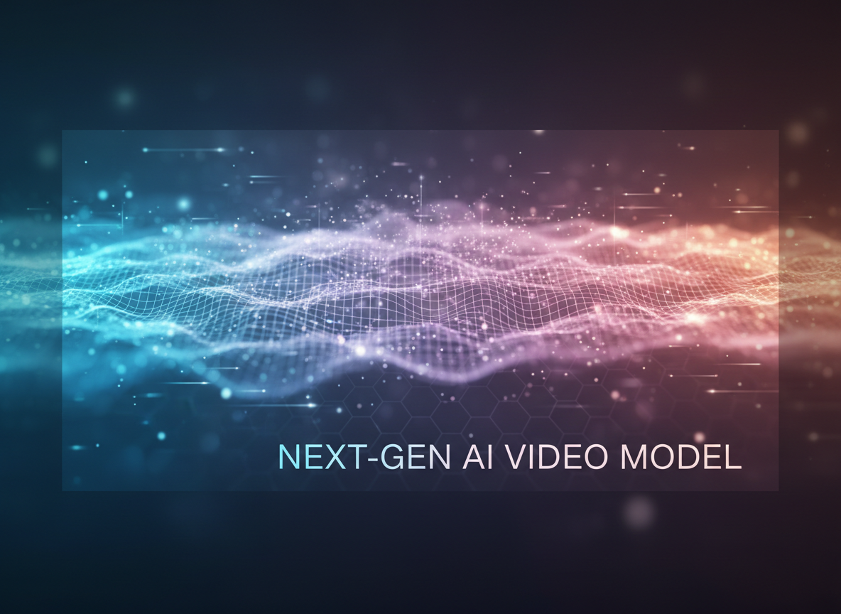 Abstract generative visual representing a next‑gen AI video model with soft gradients, particles, and a subtle tech grid.