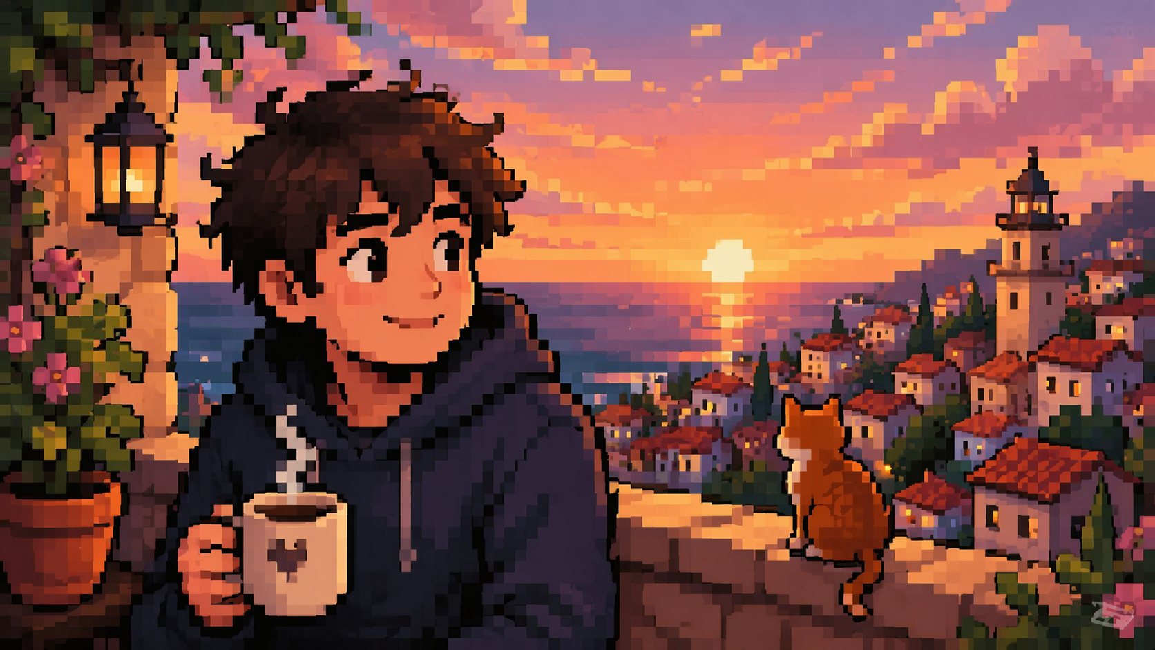 Dreamina pixel art filter prompt example 6: Warm Social Avatar Scene