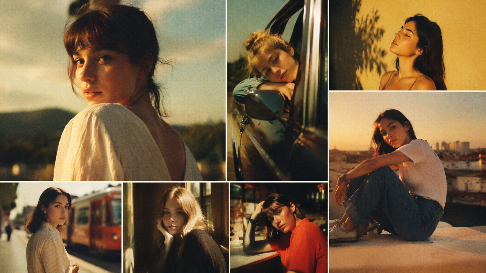 Exemple d'invite de filtre de film Dreamina Kodak 1 : Collage de portraits de film chaud