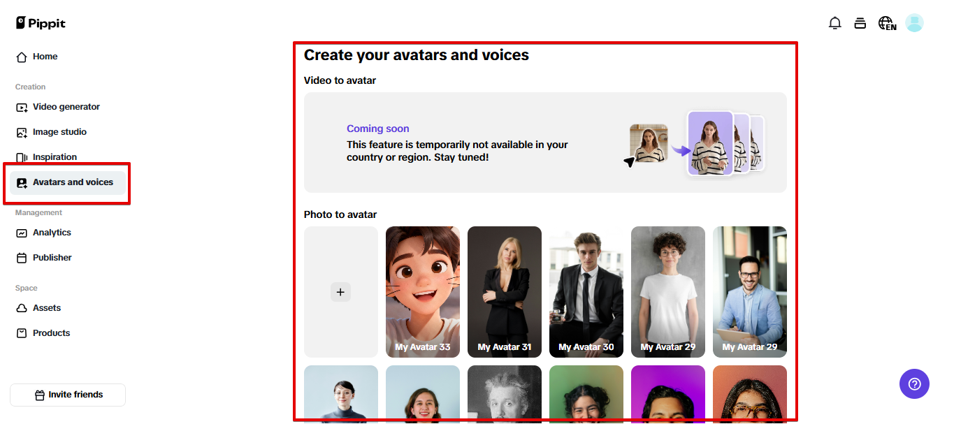 Bibliothèque d'avatars et de voix IA dans Pippit