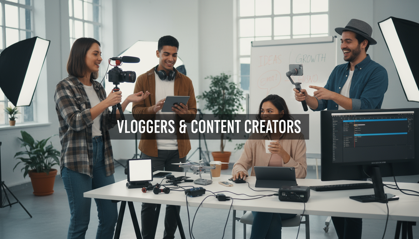 Un vlogger e creatore di contenuti che utilizza un mixer audio online per creare suoni professionali per i propri video.