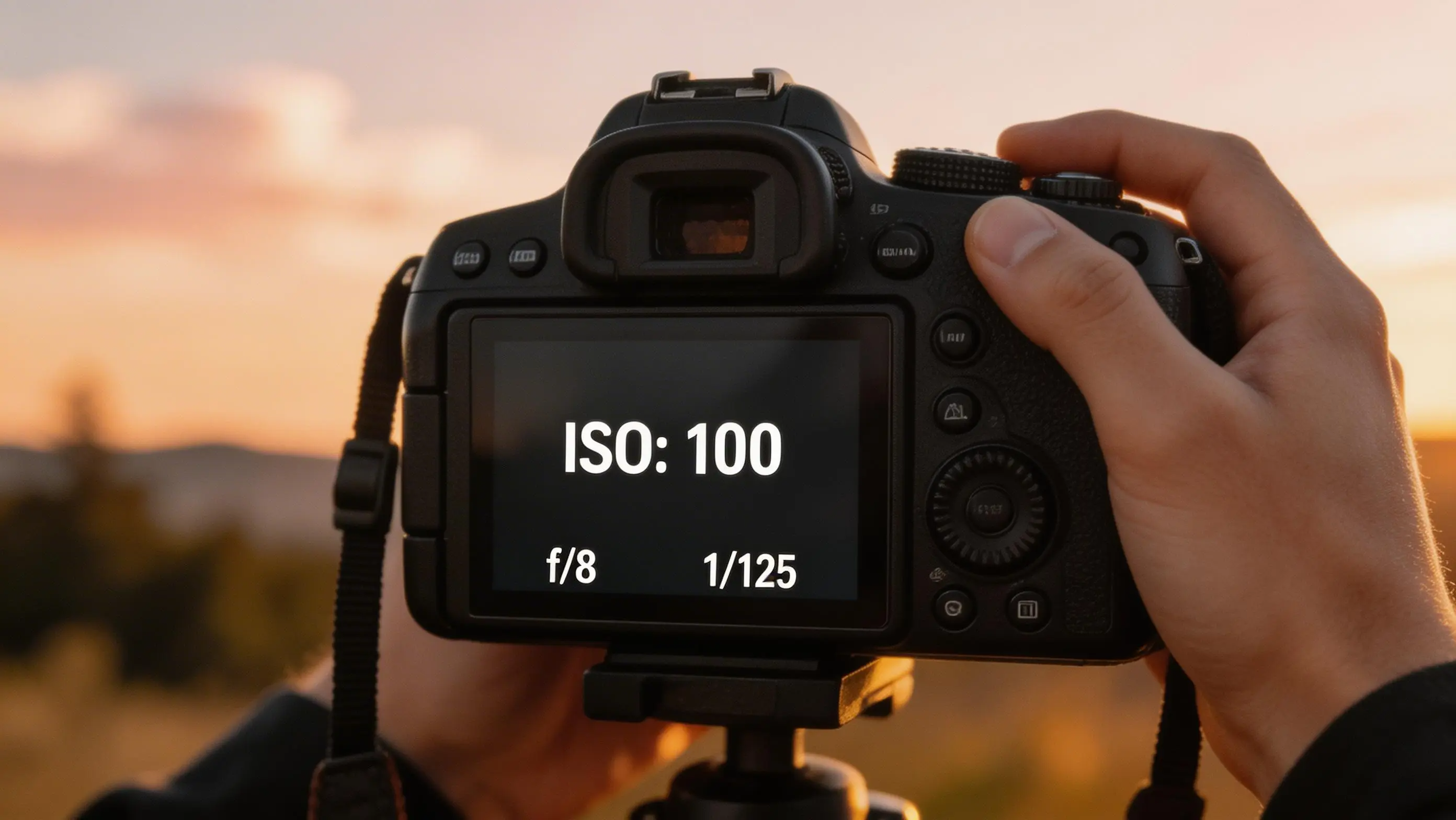 DSLR-Kamera zeigt ISO 100 bei Sonnenuntergang