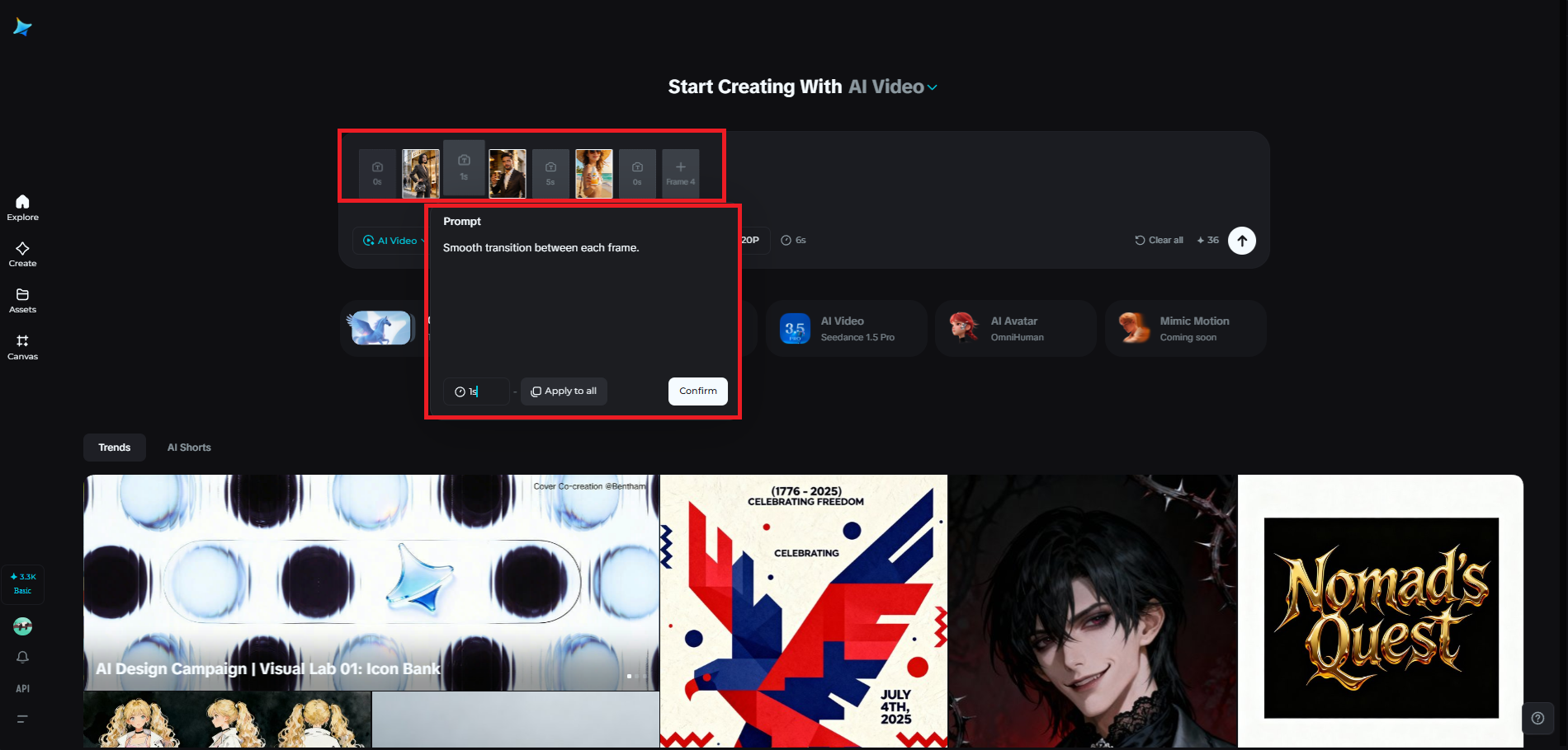 Multiframe feature in Dreamina