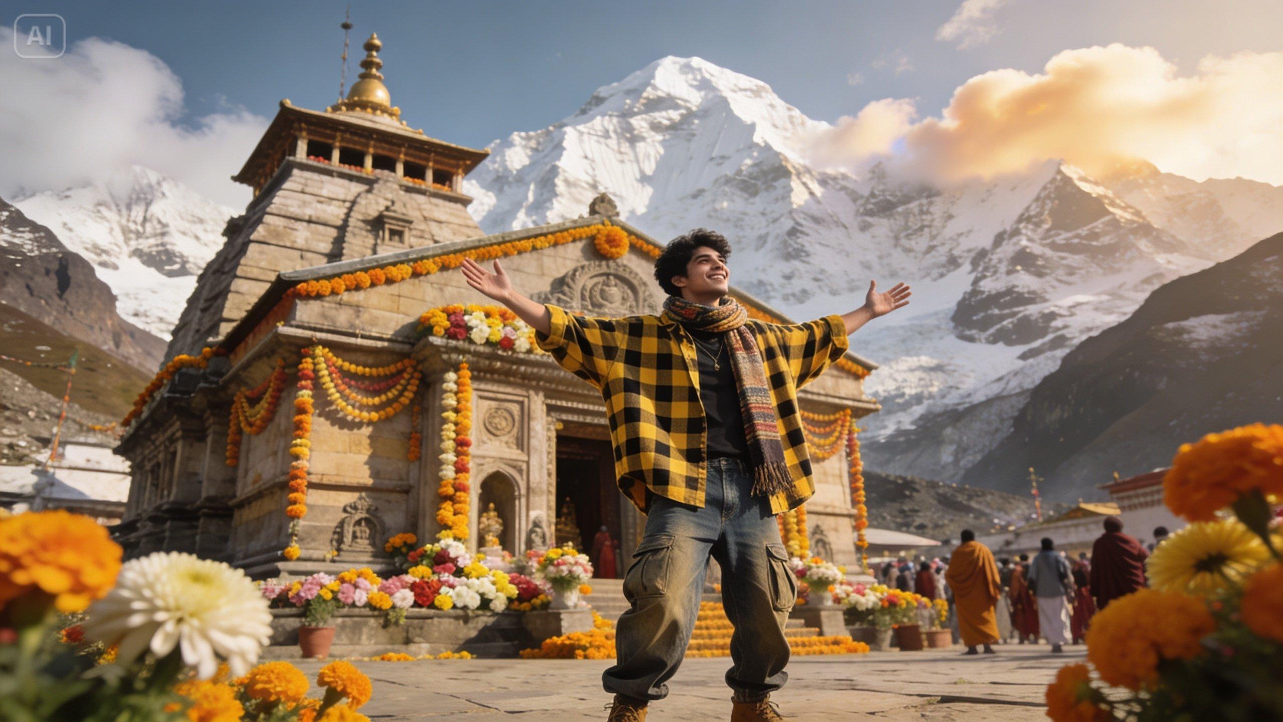 Visuels du temple de Kedarnath prêts à l'exportation adaptés aux affiches, bobines, histoires et vignettes avec une typographie claire.