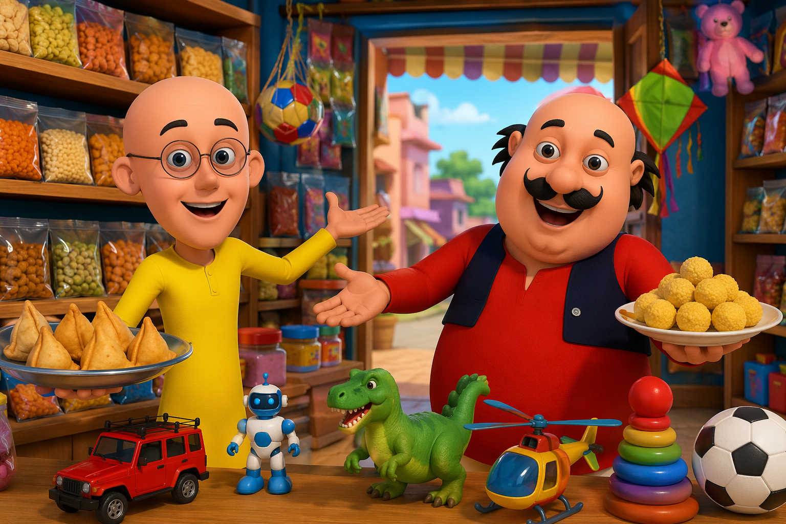 Dreamina Motu Patlu shop promotion AI video prompt prompt example 1: Cartoon Shop Opening Shot