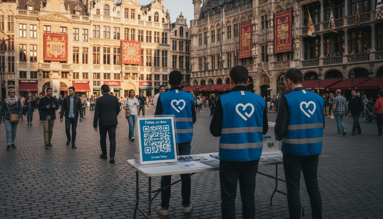 Pengumpulan dana di jalan di Brussels Grand‑Place dengan meja derma, kod QR, dan kapsyen Perancis; tiada wajah yang dapat dikenal pasti.